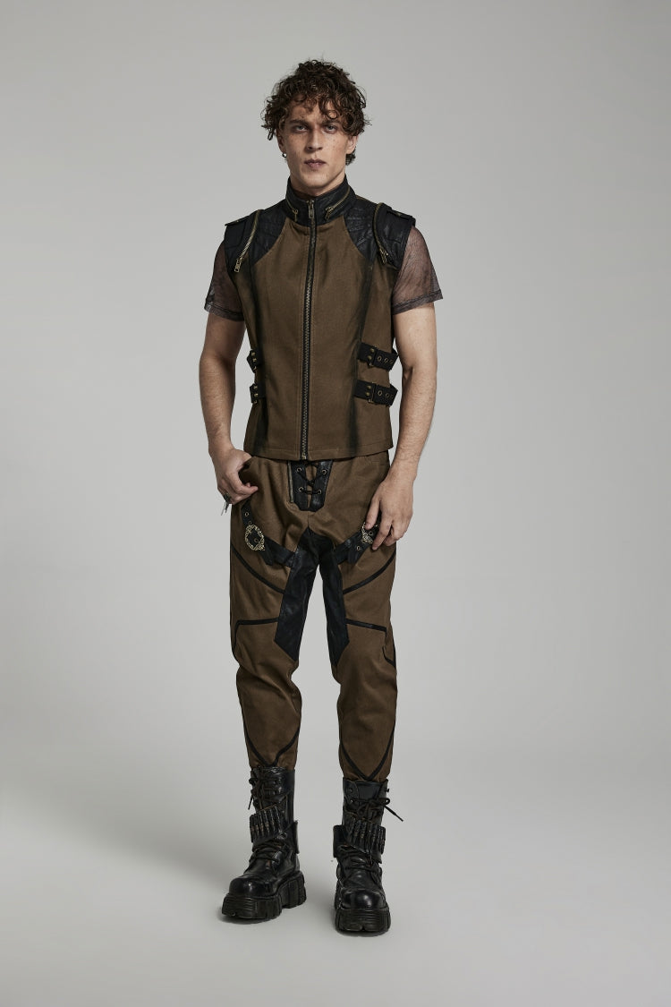 Brown Stand Collar Side Waist Webbing Decorative Stitching Mens Steampunk Vest