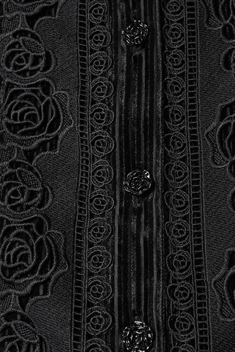 Black Stand Collar Long Puff Sleeves Floral Embroidered Lace-Up Women's Gothic Blouse