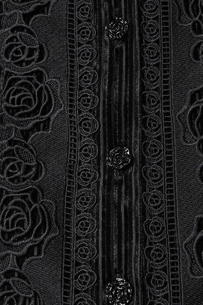 Black Stand Collar Long Puff Sleeves Floral Embroidered Lace-Up Women's Gothic Blouse