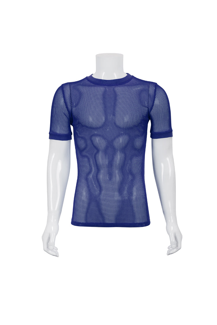 Blue Crew Neck Diamond-Shaped Net Short Sleeve Men's Gothic T-Shirt