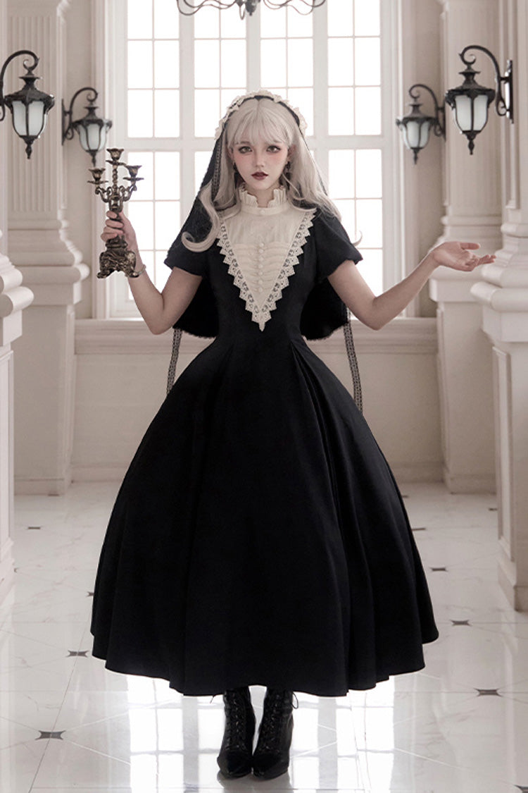Black [Letters and Poems·Nocturne] Nun Long Sleeves Ruffle Gothic Lolita Long Dress