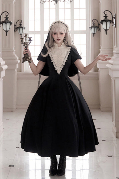 Black [Letters and Poems·Nocturne] Nun Long Sleeves Ruffle Gothic Lolita Long Dress