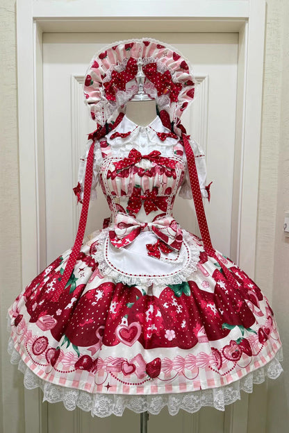 [Dream to Strawberry] Print Ruffle Bowknot Lace Sweet Lolita Jsk Dress 4 Colors