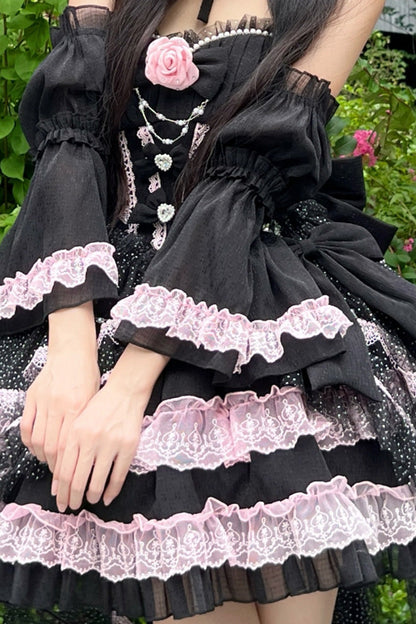 Black/Pink Galaxy Flower Language Multi-Layered Ruffle Bowknot Sweet Lolita Tube Top Dress