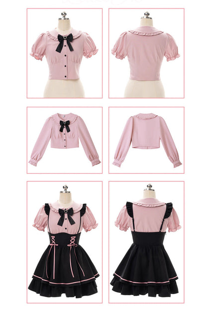 Black/Pink First Sakura Long Sleeves Multi-layer Lace-Up Sweet Jirai Kei Japanese Set