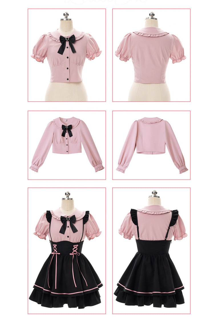Black/Pink First Sakura Short Sleeves Multi-layer Lace-Up Sweet Jirai Kei Japanese Set