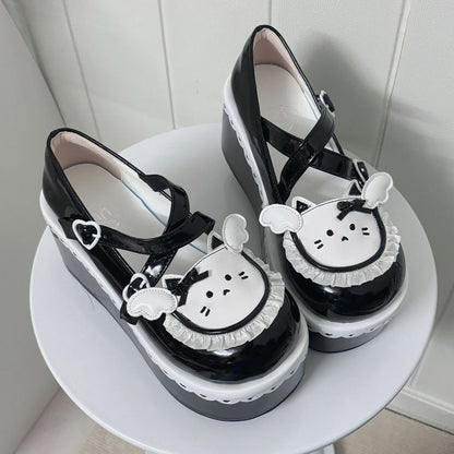 Cat Design Ruffled Cross Strap Round-Toe Daily Sweet Lolita Platform Shoes 4 Colors