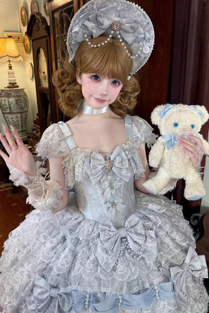 Blue [Cloudborne Snowfeather] Sleeveless Multi-Layered Hanayome Bowknot Pearl Gothic Lolita Jsk Dress
