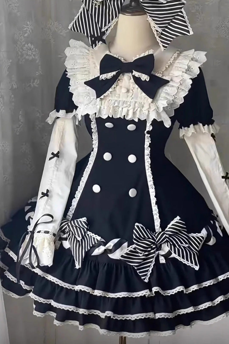 Black [Striped Layered] Short Sleeves Multi-Layered Ruffle Bowknot Sweet Princess Lolita Tiered Dress