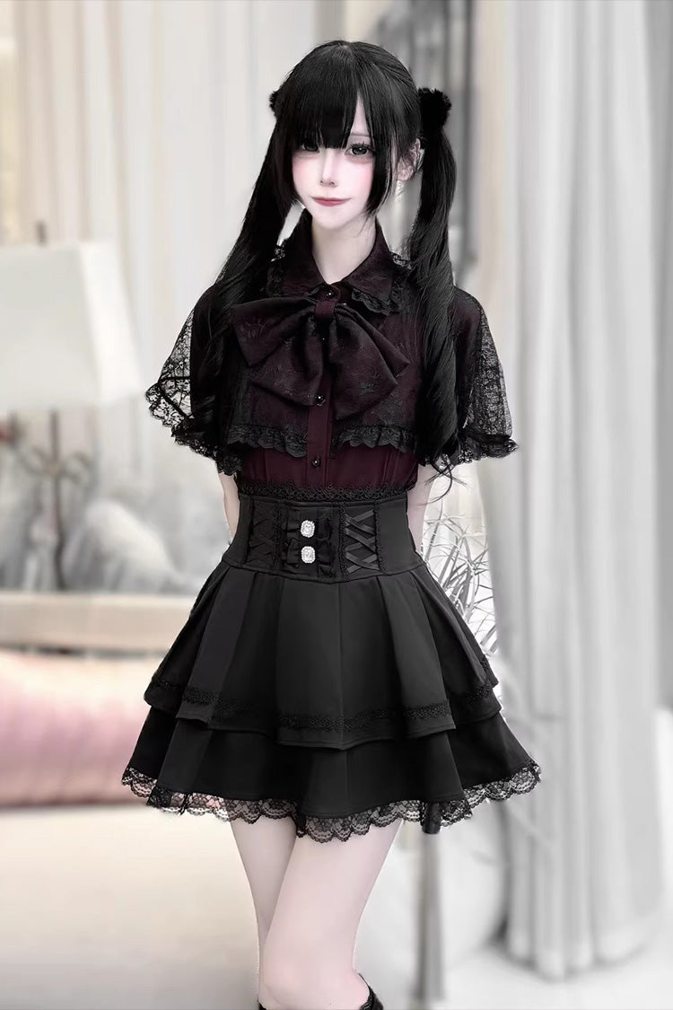 [Dark Moon Shadow] Short Sleeves Double-Layered Ruffled Embroidered Bow Lace-Up Gothic Jirai Kei Lolita Top + Skirt Set