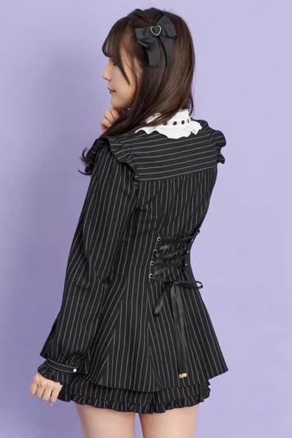Black Vertical Stripes Print Japanese Long Sleeves Sweet Jirai Kei Dress Shorts Set