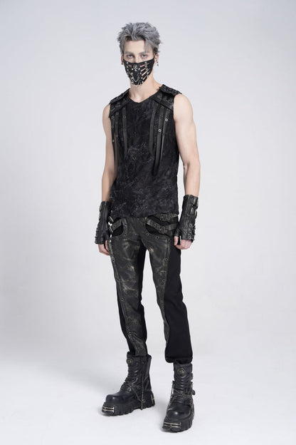 Black Sleeveless Eyelet Strap Distressed Men's Gothic Vest
