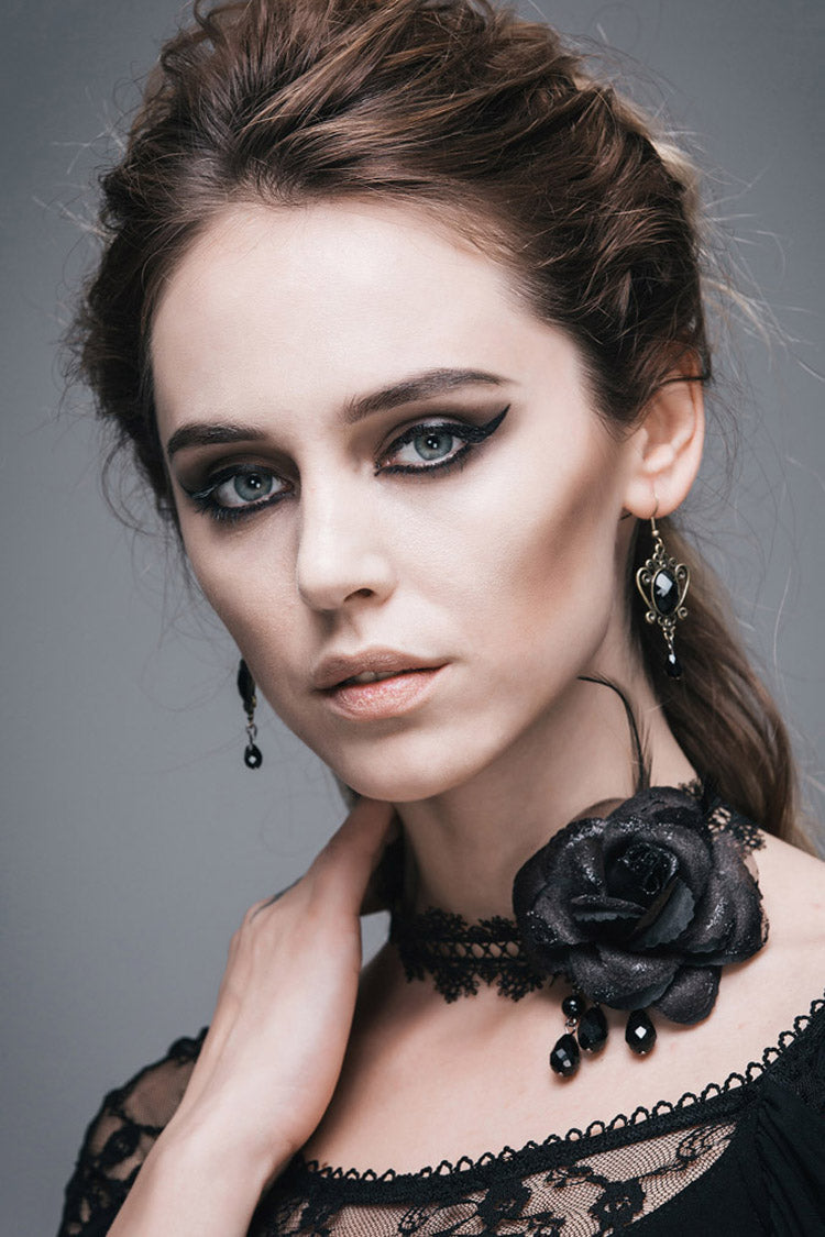 Black Shining Lace Rose Beads Chain Women's Gothic Choker