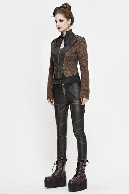 Brown Jacquard Slim Print Short Womens Punk Jacket