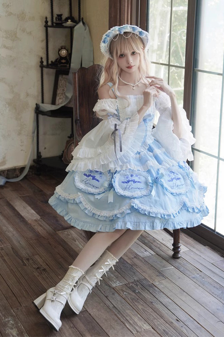 Blue [Butterfly Dream] Multi-Layered Print Ruffle Bowknot Sweet Princess Lolita Jsk Dress