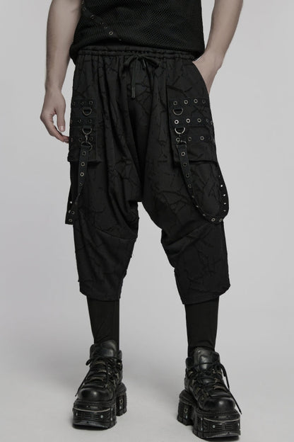 Black Tie-dyed Sagging Men's Punk Pants with Staps