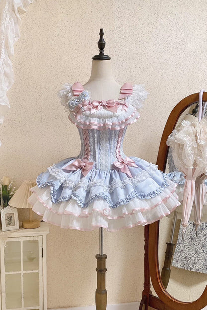 Blue Triple-Layered Ruffled Bow Lace-Up Slim Ballet Sweet Lolita Dress