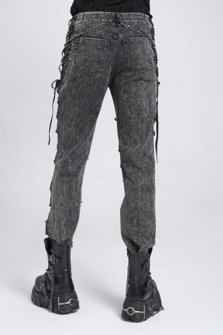 Black Ripped Rivet Men's Punk Pants with Chain