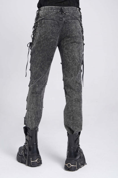 Black Ripped Rivet Men's Punk Pants with Chain