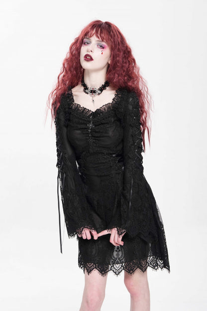 Black Square Collar Long Trumpet Sleeves Embroidered Lace-Up Women's Gothic Dress