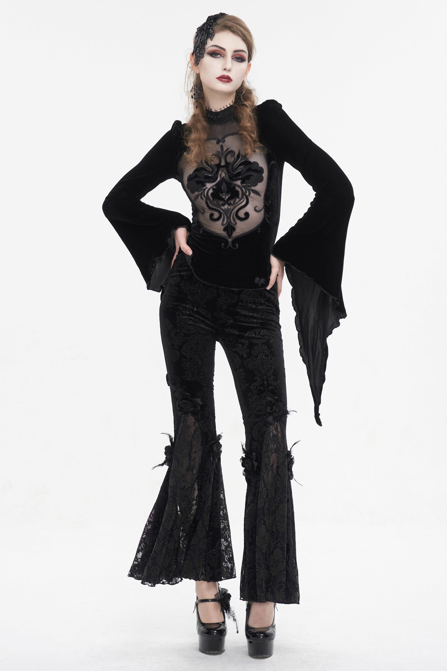 Black Printed Lace Embroidered Women's Gothic Flared Pants