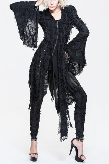 Black Ragged Horn Sleeves Womens Punk Long Coat