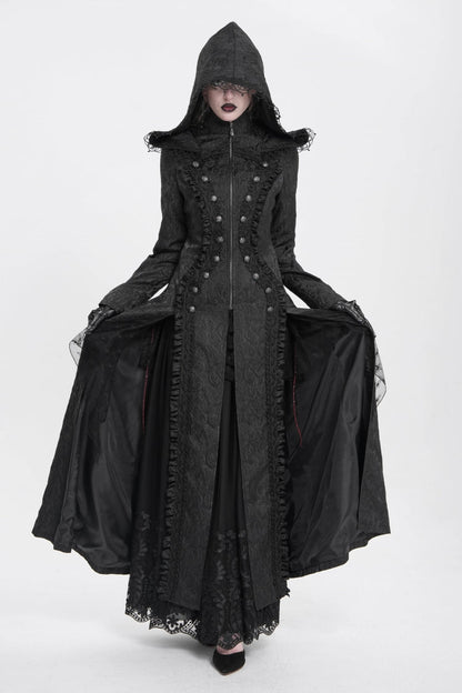 Black Stand Collar Long Sleeves Ruffle Hooded Women's Gothic Long Coat