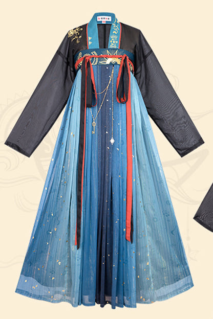 Black/Blue Hot Stamping Embroidered Ancient Flowy Classic Hanfu Dress Full Set