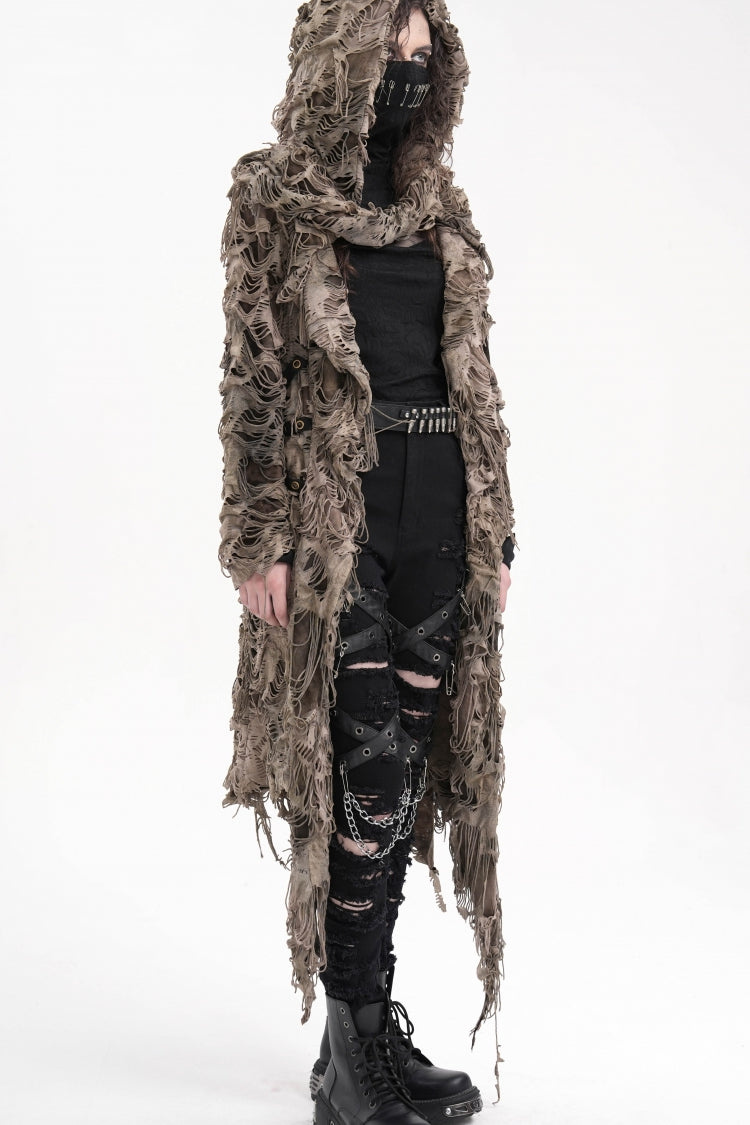 Brown Long Sleeves Hooded Women's Punk Eyelets Zip Cape