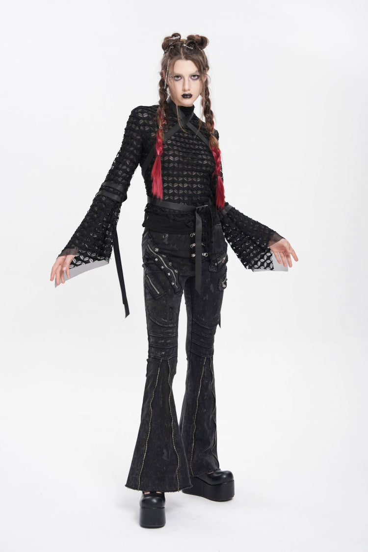 Black Stand Collar Long Sleeves Mesh Buckle Straps Women's Punk Blouse