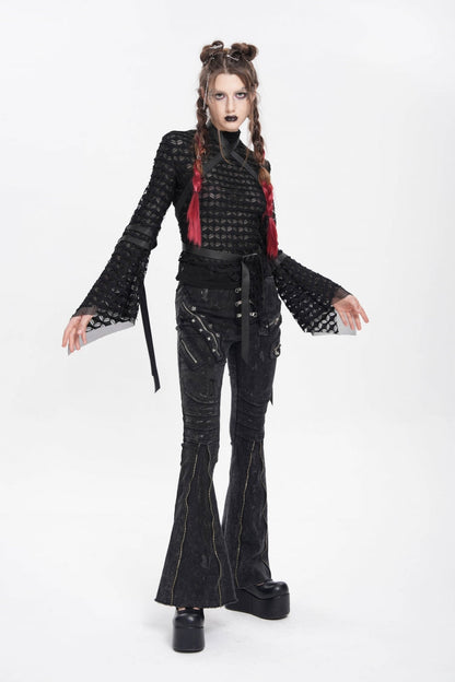 Black Stand Collar Long Sleeves Mesh Buckle Straps Women's Punk Blouse