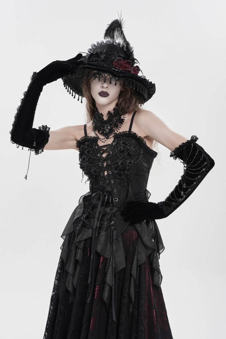 Black Ruffled Lace Lace-Up Slim Women's Gothic Overbust Corset