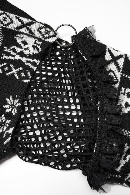 Black/White Stand Collar Long Sleeves Skull Deer Print Grunge Women's Gothic Loose Sweater