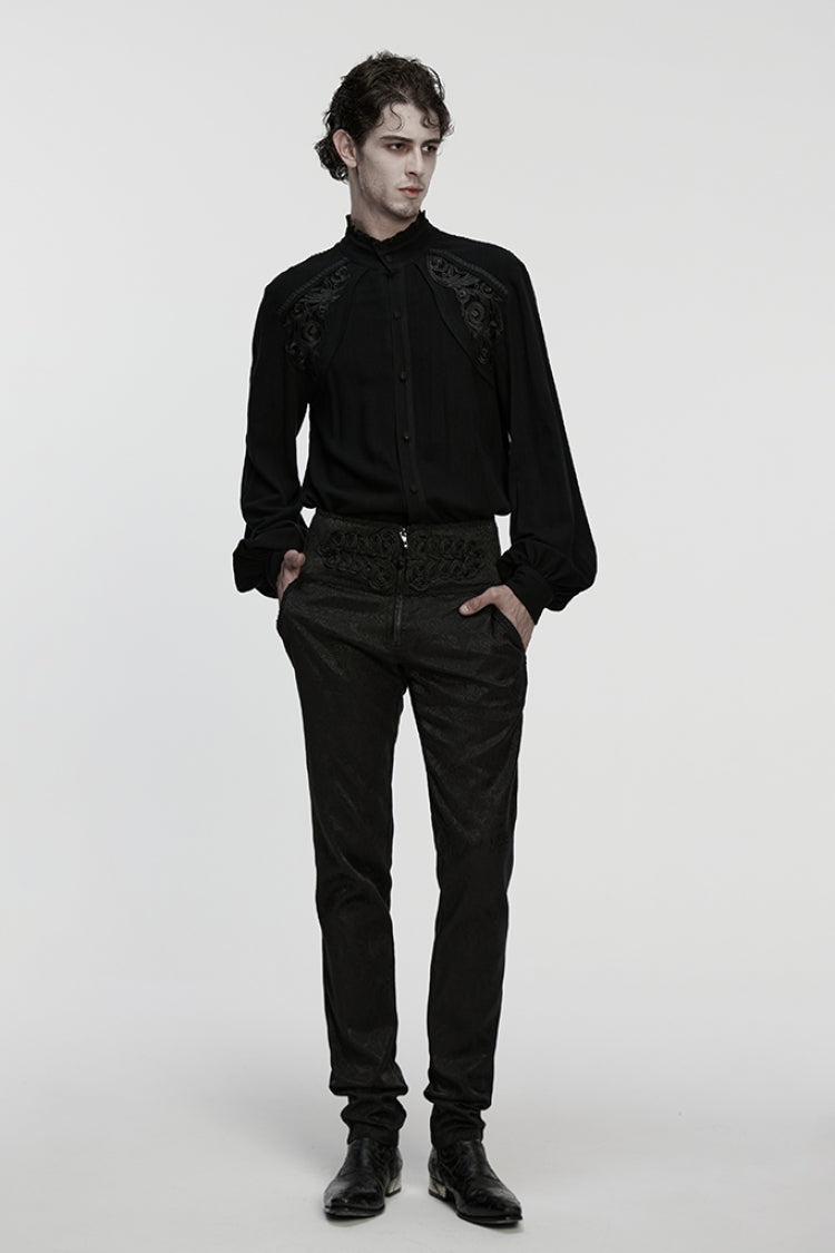 Black Stand Collar Long Lantern Sleeves Floral Jacquard Men's Gothic Blouse