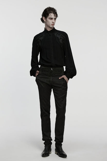 Black Stand Collar Long Lantern Sleeves Floral Jacquard Men's Gothic Blouse