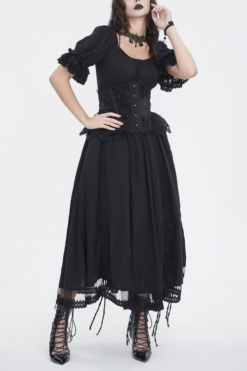 Black Short Sleeves Ruffle Drawstring Women's Gothic Dress