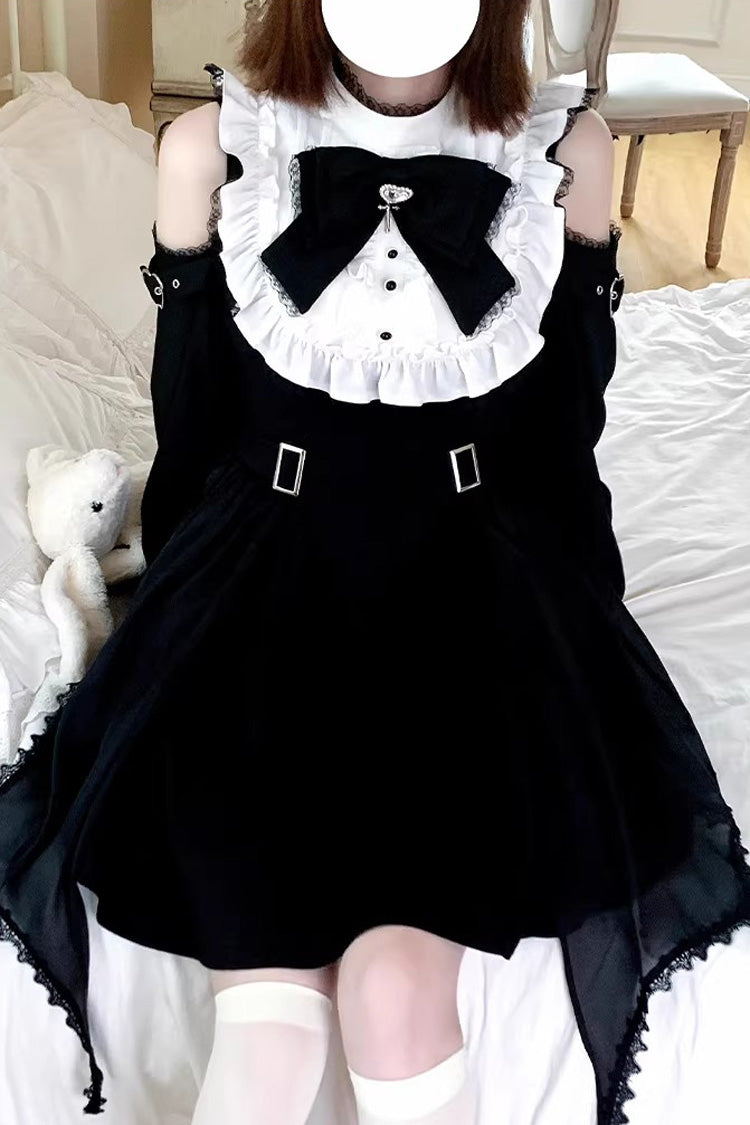 Black/White Stand Collar Off Shoulder Long Sleeves Ruffled Bow Lace Gothic Jirai Kei Japanese Lolita Dress
