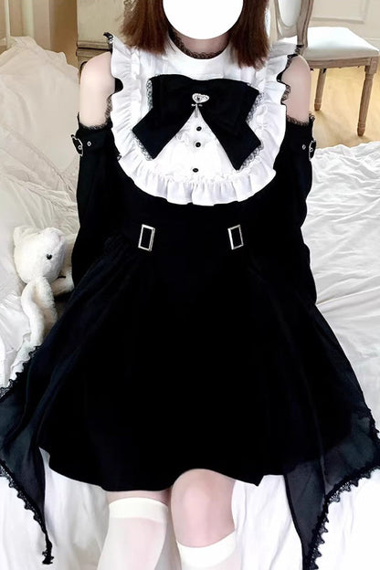 Black/White Stand Collar Off Shoulder Long Sleeves Ruffled Bow Lace Gothic Jirai Kei Japanese Lolita Dress