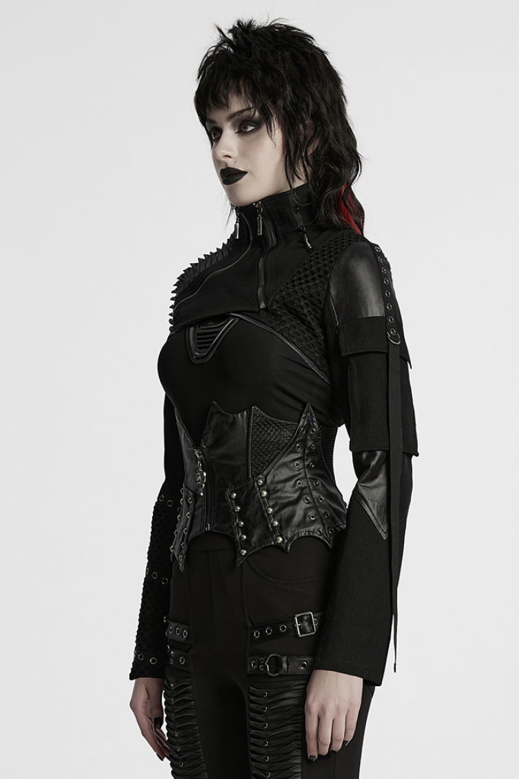 Black Stand Collar Long Sleeves Rivet Women's Gothic Short Jacket