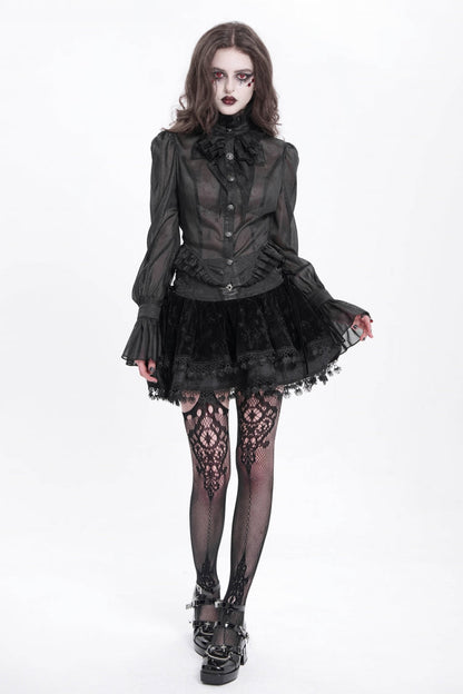 Black Stand Collar Ruffle Sheer Women's Swallow-tailed Gothic Blouse