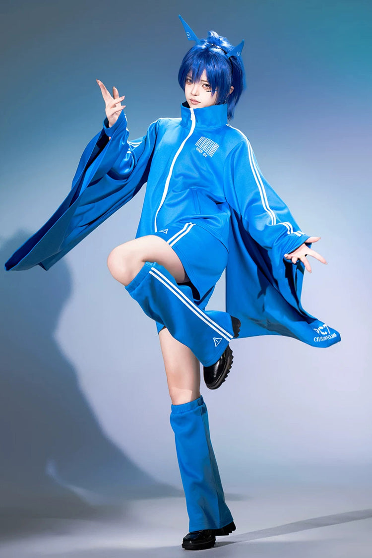 Blue [Network Error] Stand Collar Long Trumpet Sleeves Ouji Gothic Functional Style Japanese Prince Lolita Coat Shorts Set