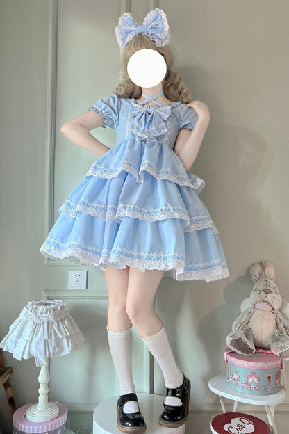 Blue Triple-Layered Detachable Sleeves Bowknot Lace-Up Sweet Lolita Dress