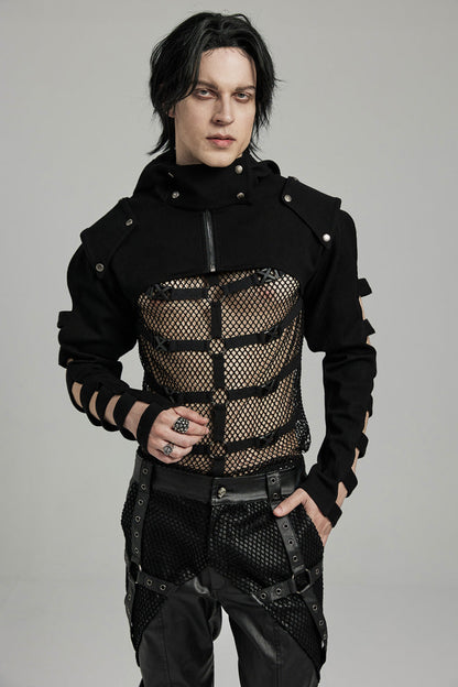 Black Stand Collar Hooded Cutout Men's Punk Jacket