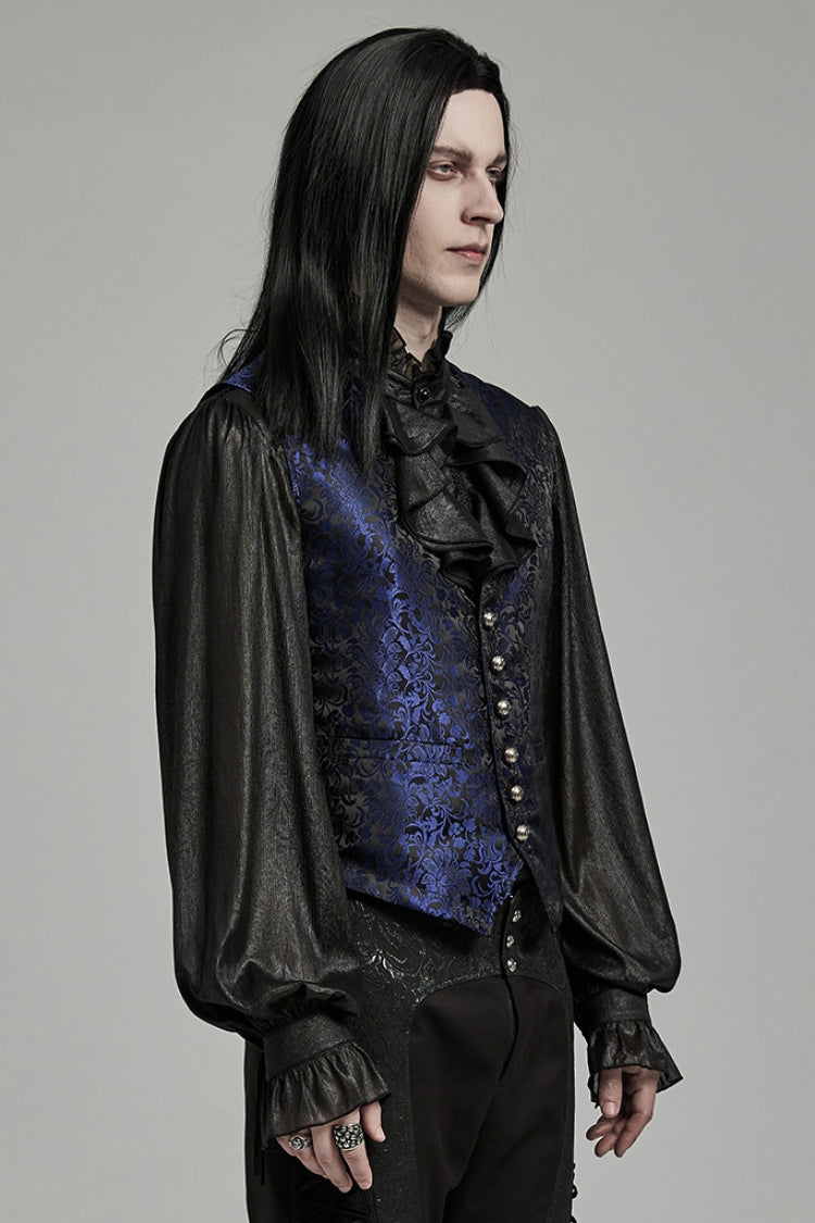 Black/Blue V Collar Jacquard Lace-Up Men's Gothic Vest