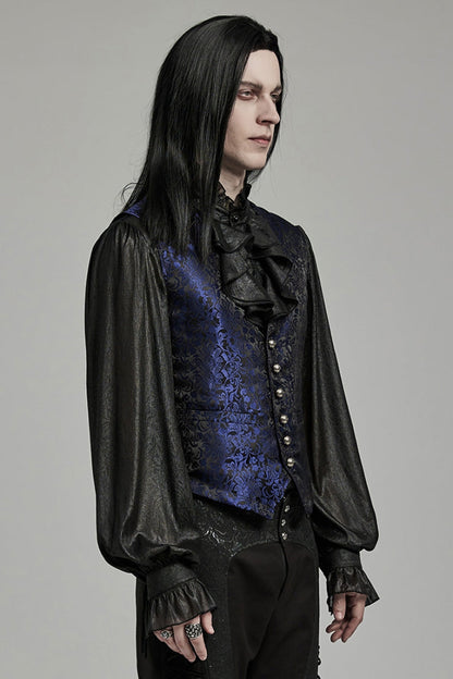 Black/Blue V Collar Jacquard Lace-Up Men's Gothic Vest