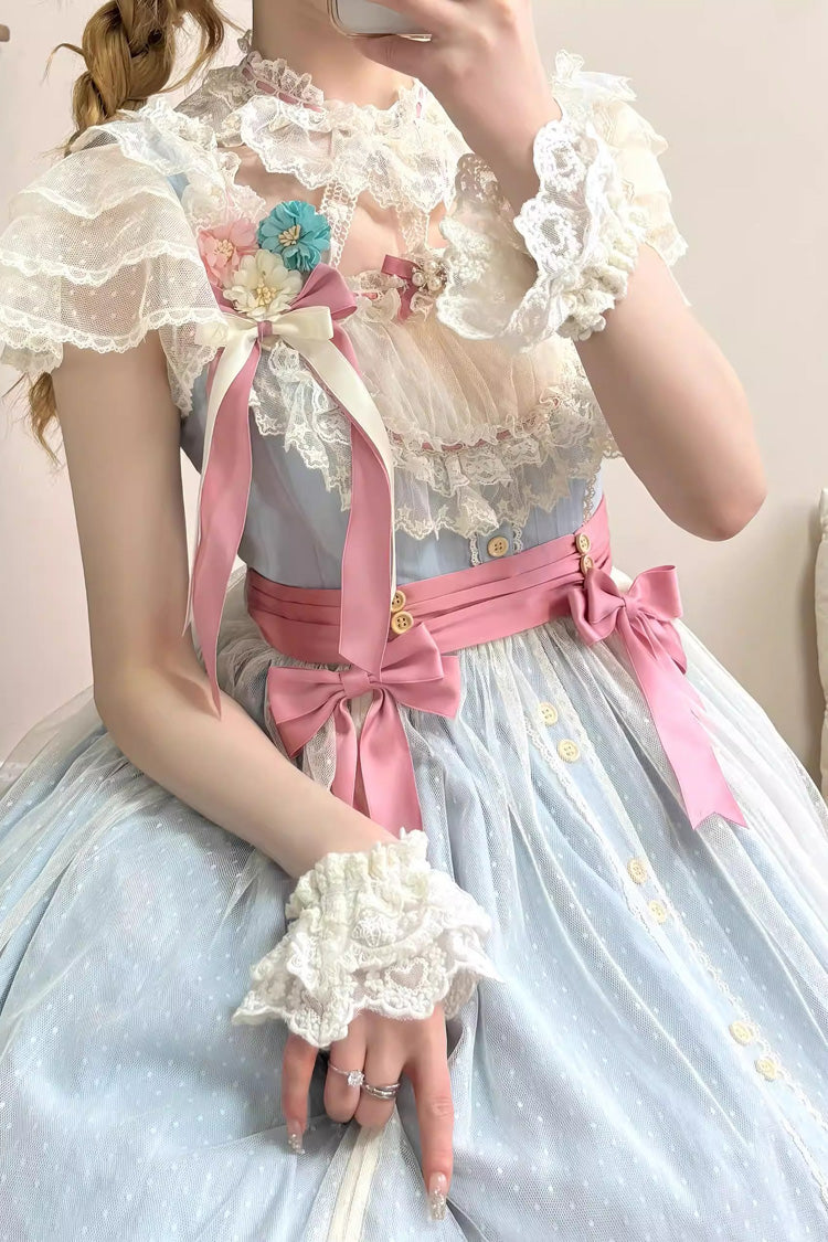 Blue [Sakura’s Spring Resonance] Sleeveless Ruffled Bow Sweet Lolita Jsk Dress (Short Version)