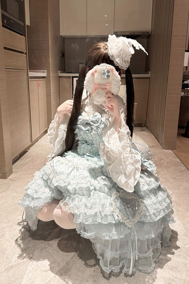 Blue [Sweetheart Diary] Multi-Layered Ruffle Hanayome Embroidery Bowknot Lace Sweet Lolita Jsk Dress