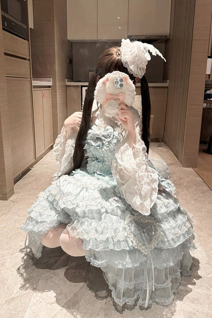 Blue [Sweetheart Diary] Multi-Layered Ruffle Hanayome Embroidery Bowknot Lace Sweet Lolita Jsk Dress