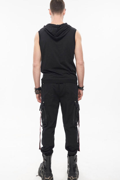 Black Punk Multi Pocket Webbing Decorative Drawstring Men's Long Pants