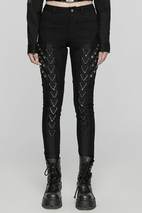 Black Triangular Stitching Mesh Buckle Women's Punk Pants